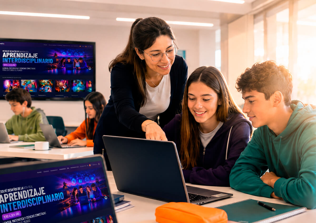 Docente guiando a dos estudiantes secundarios que trabajan con la plataforma FlexFlix en sus notebooks, en el aula