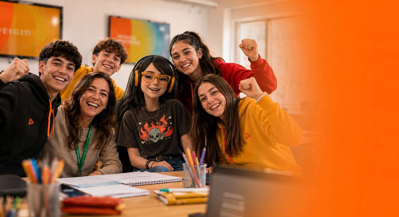 Grupo de estudiantes y una docente celebrando junto a un avatar de inteligencia artificial creado por ellos